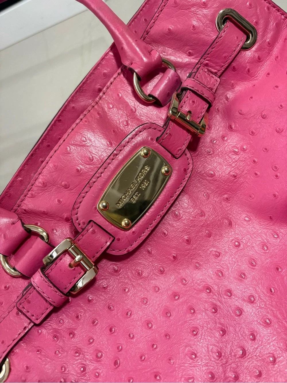 Michael Kors Bright Pink Hamilton Leather Satchel with Gold Hardware